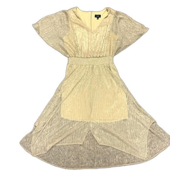 MSK Gold Metallic V-Neck Flutter Sleeve Handkerchief Hem Midi Dress Size XL - Picture 3 of 15